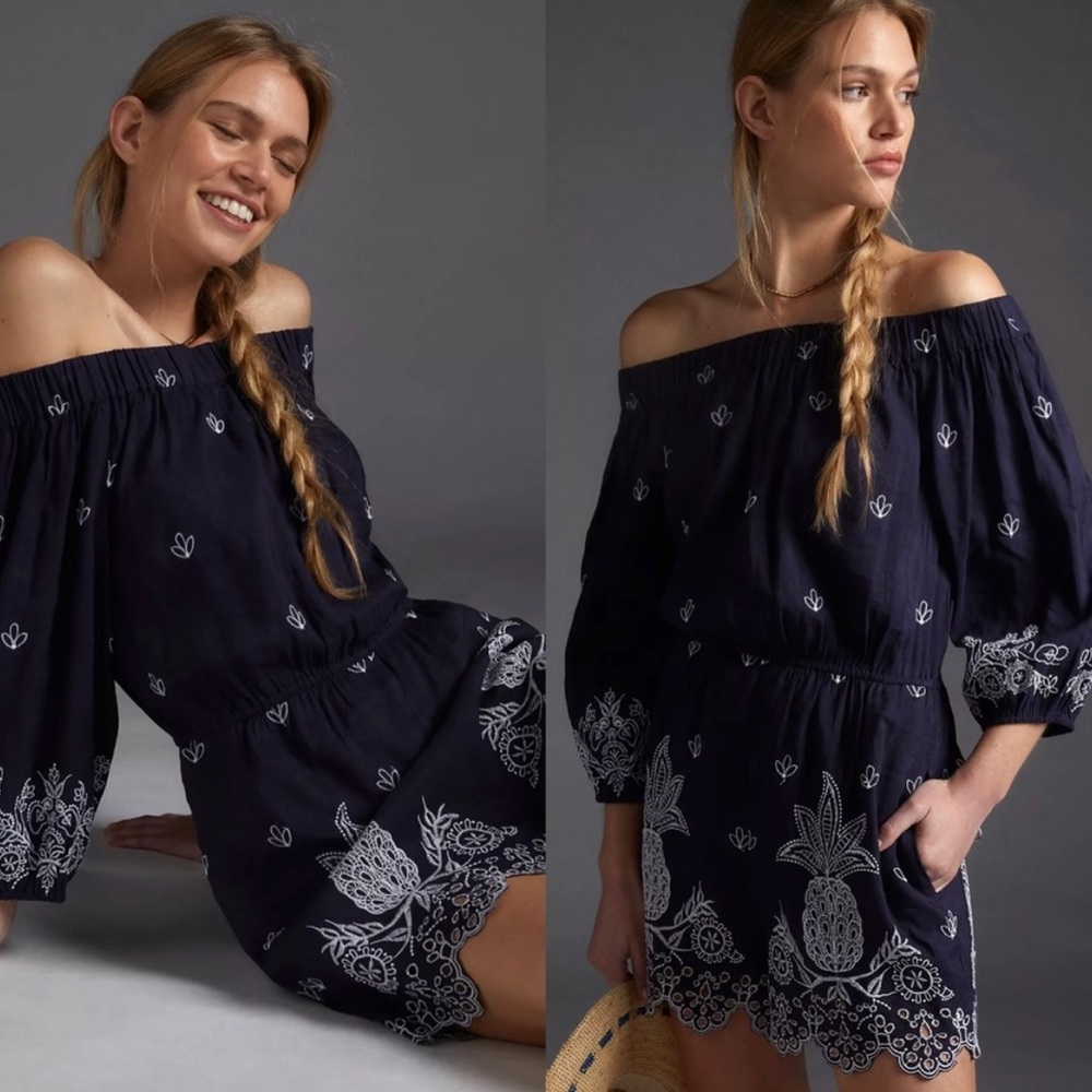 Anthropologie x Farm Rio Jackie Embroidered Romper Navy MSRP $168 Small Petite